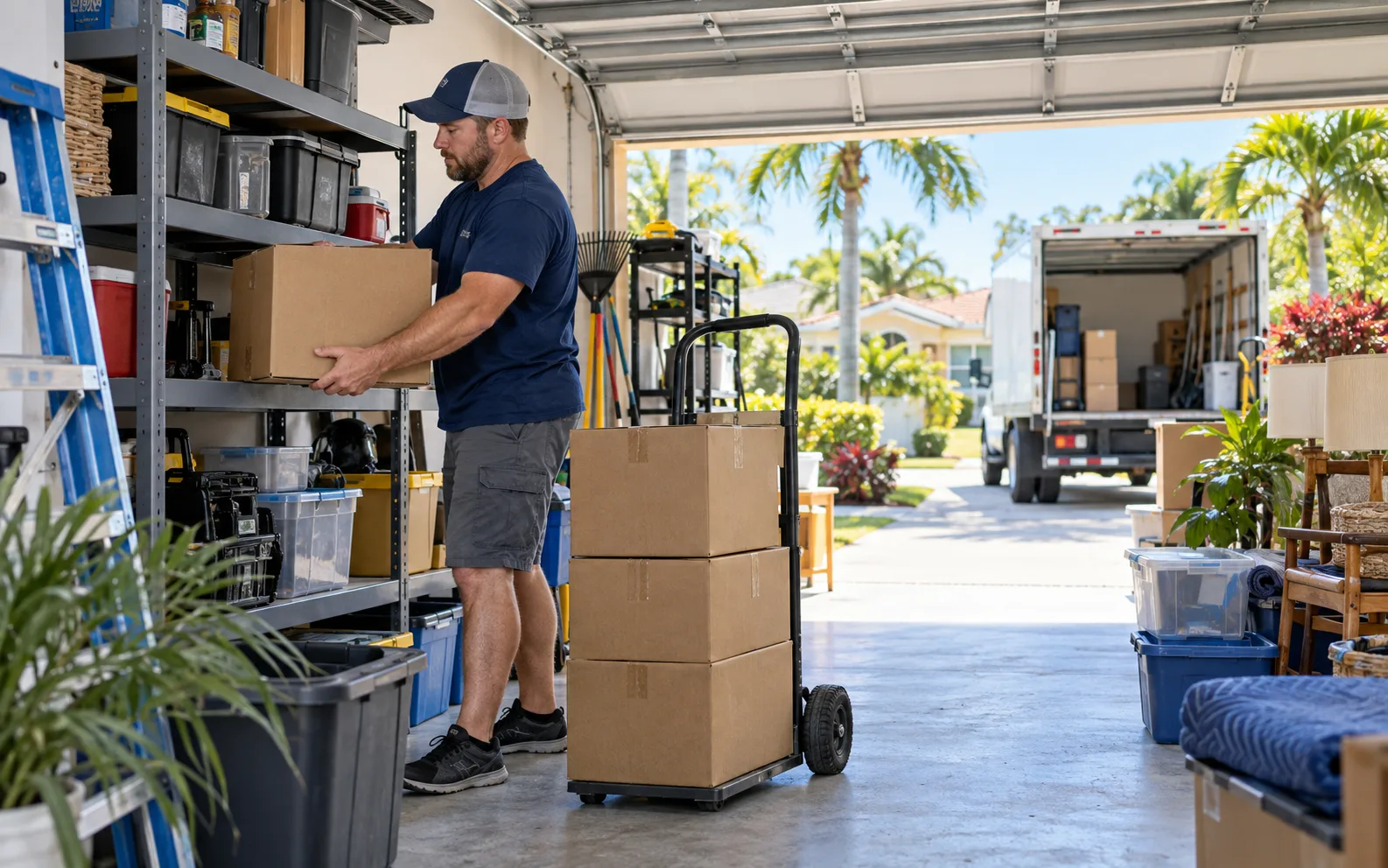 Worker organizing boxes during a garage cleanout