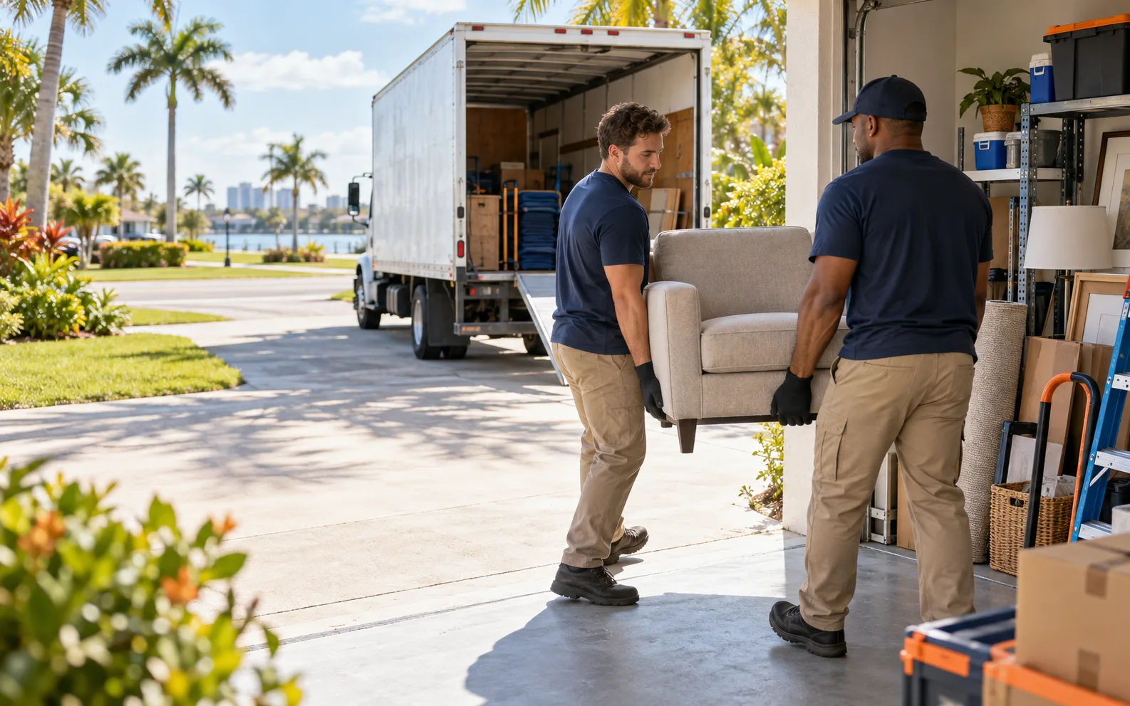 Two workers carrying an armchair from a bright Tampa garage toward a box truck
